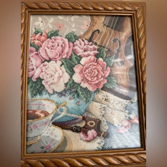 Vintage Framed Needlepoint Violin Flowers Floral Cross Stitch Art Wall - Picture 2 of 8